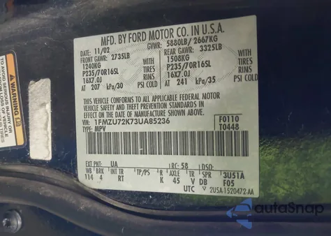 2003 Ford Explorer Xls из США, поврежденный, VIN 1FMZU72K73UA85236